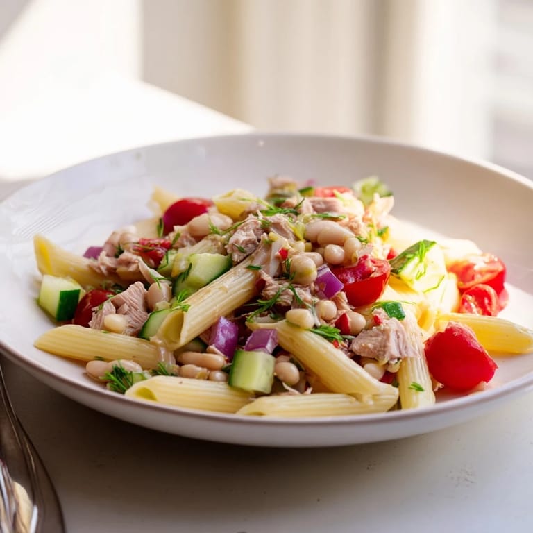 Delicious Spicy Tuna and White Bean Pasta Salad brimming with fresh veggies and a zesty dressing.