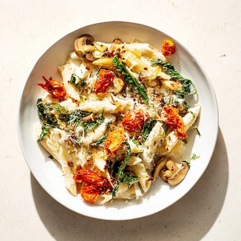 Vibrant photo showing the finished Creamy Sun-Dried Tomato Mushroom Penne Skillet, a family favorite.