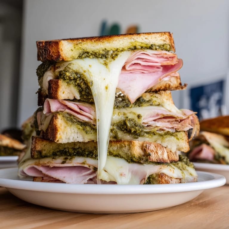 A close-up of a Pesto Turkey Zucchini Grilled Cheese Stack: crispy bread, herbs, and melty cheese.