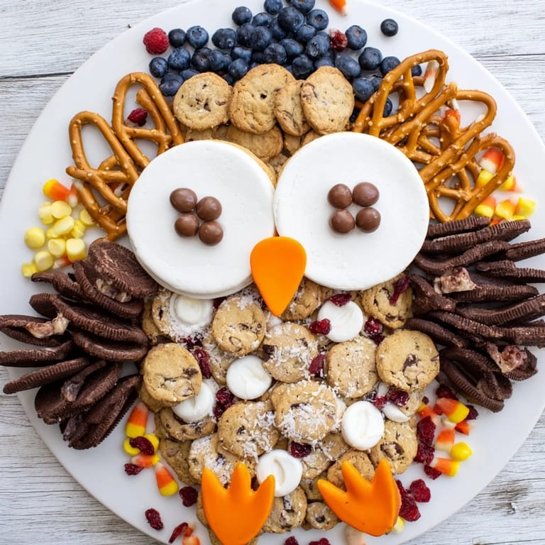 This Owl Hooting Dessert Board presents a whimsical arrangement of cookies, fruit, and dips for all.