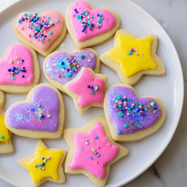 Crisp star and heart Princess Palace sugar cookies, artistically detailed with colorful icing, ready to enjoy.