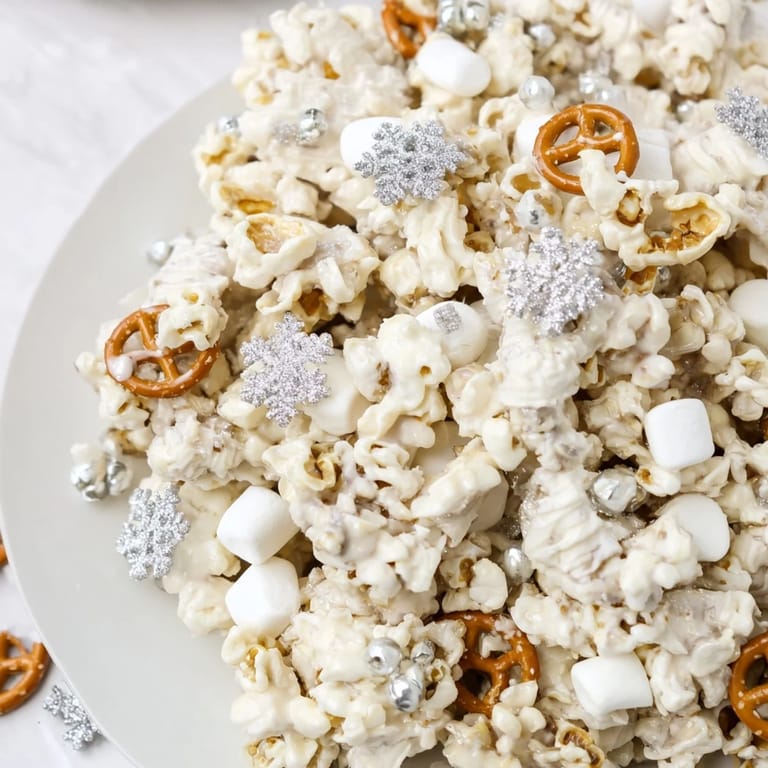 Homemade Ski Season Snowflake Snack Mix with white chocolate, snowflake sprinkles, and crunchy pretzels.