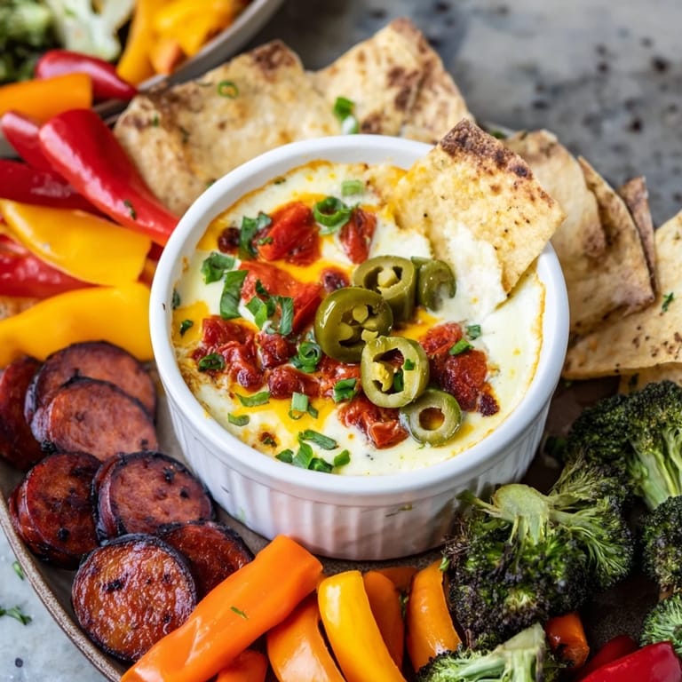 A close-up of a bubbling Lava Flow Volcano Dip Platter, perfect for a party appetizer with various toppings.
