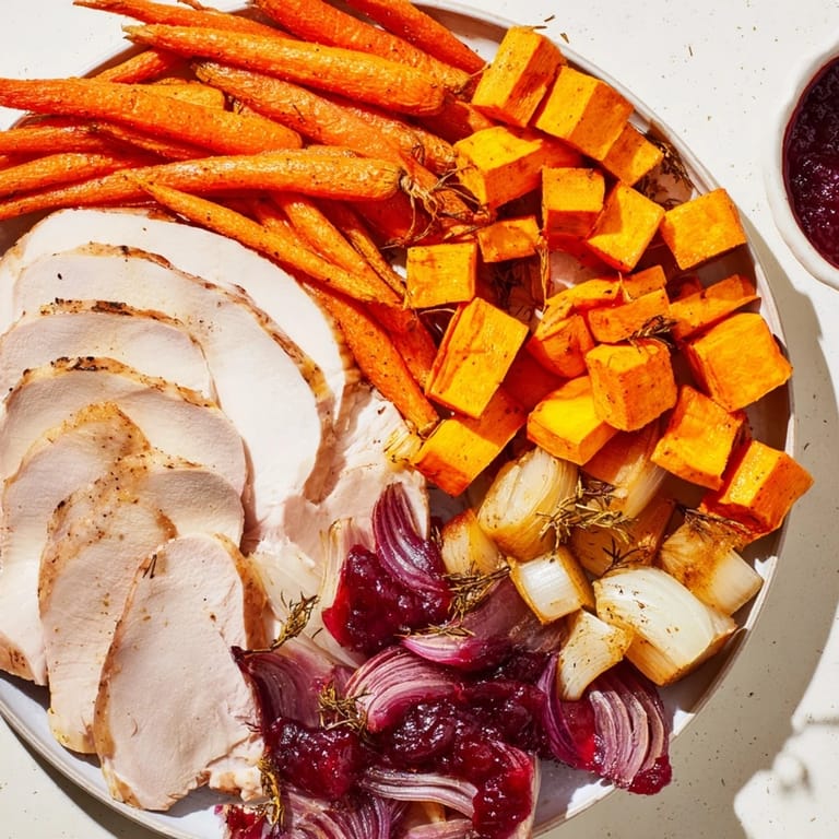 Close-up of a bountiful Harvest Turkey Platter: The turkey, surrounded by colorful roasted vegetables.