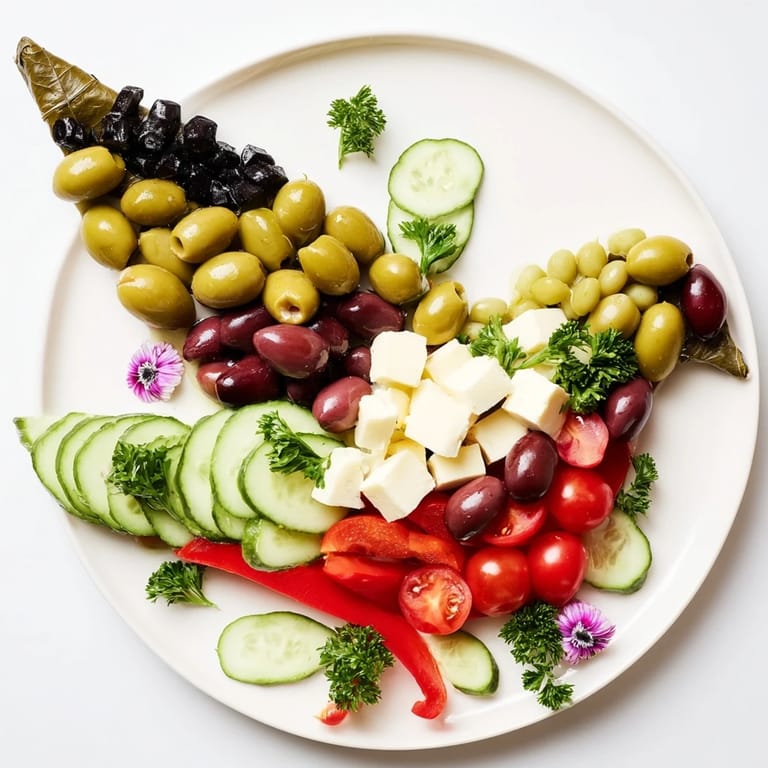 This visually appealing Colombe de la Paix Olive Platter appetizer includes feta and Manchego, ready to be enjoyed.