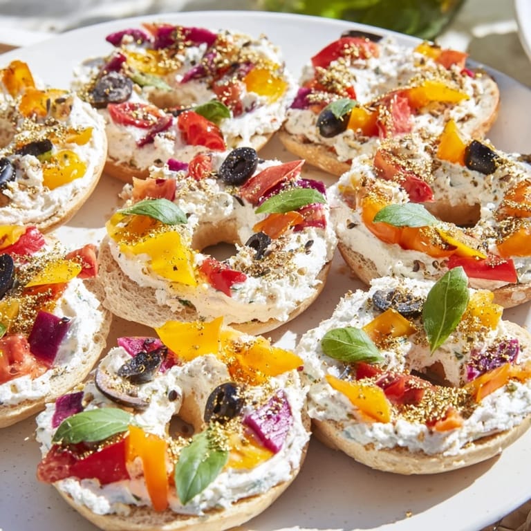 Vivid image of the Olympic Rings Medal appetizer; a delicious bagel spread for easy entertaining.