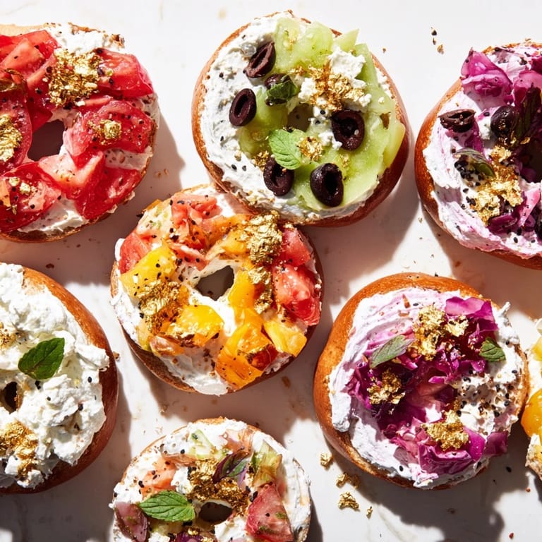 Arrangement of the Olympic Rings Medal appetizer: creamy bagels decorated with colorful, fresh toppings to enjoy.