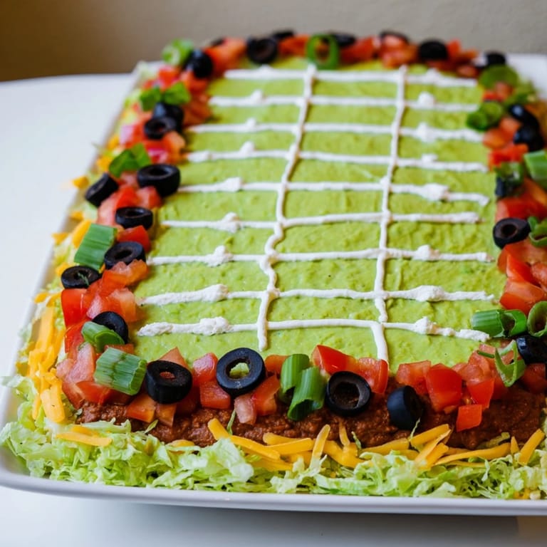 This vibrant Football Field Dip Platter features fresh green guacamole "field" and colorful toppings ready to enjoy.