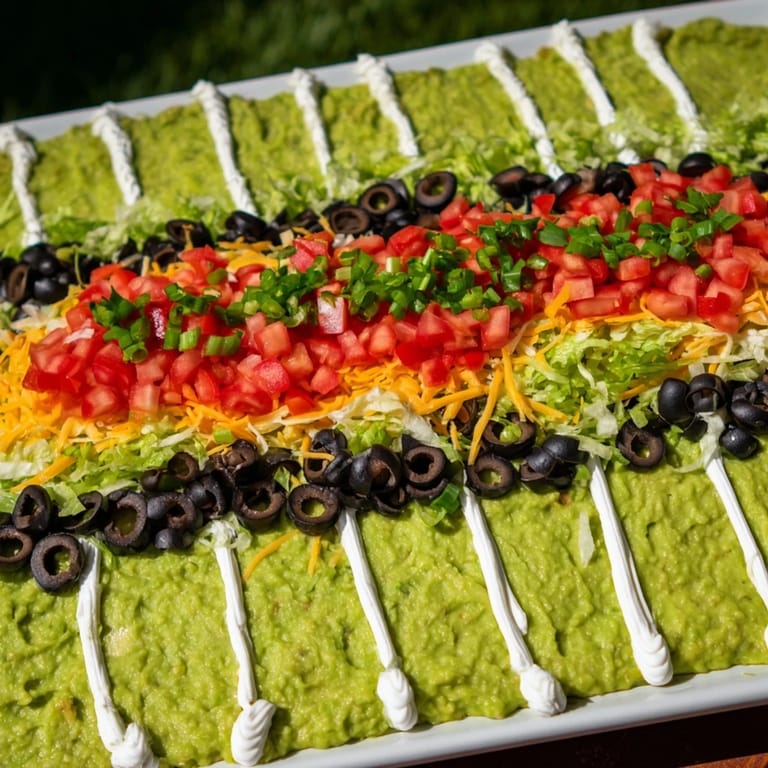 Football Field Dip Platter: a creamy bean base topped with fresh salsa, cheese, and ready-to-dip tortilla chips.