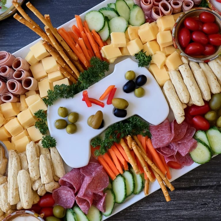 Close-up of a game night controller platter with hummus, crackers, and cubed cheeses ready to serve.