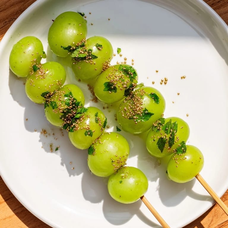 Vivid green grapes form delightful Grapes of Luck Countdown Skewers, an easy dessert for New Year's Eve.
