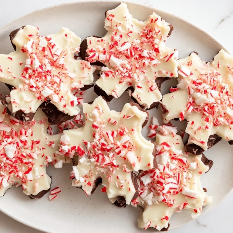 Close-up of freshly made peppermint bark snowflakes with crushed candy canes, ready to enjoy.