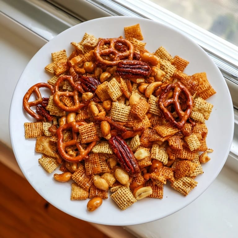 A close-up of sweet and salty Party Mix: Sparkling Cider Snack Mix, ready for easy snacking.