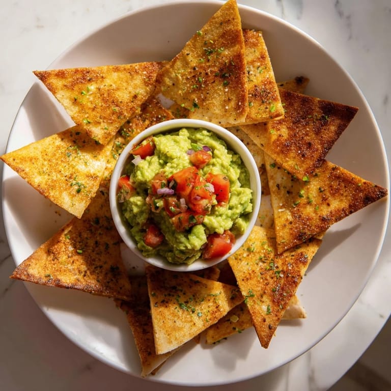 Enjoy a quick snack: flavorful Pita Chips and Guacamole Bowl with perfectly seasoned, baked pita.
