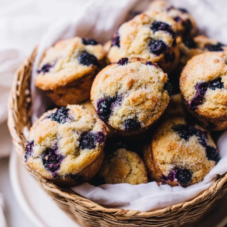 Golden-baked mini blueberry muffins, pictured close-up, tempting you with fresh, ripe blueberries.