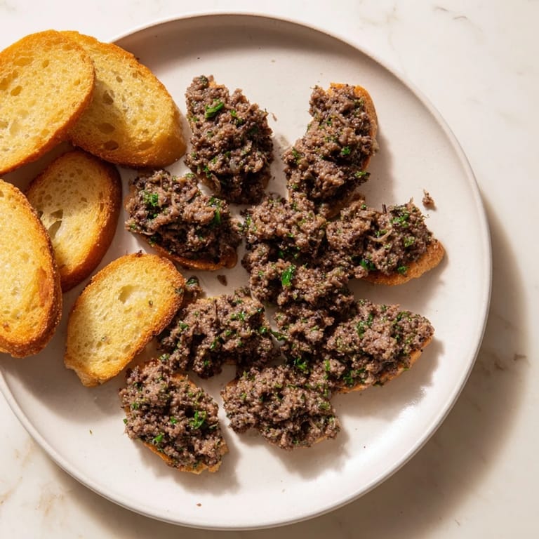 Close-up photo of the finished black olive tapenade served over crispy, toasted crostini, ready to eat.