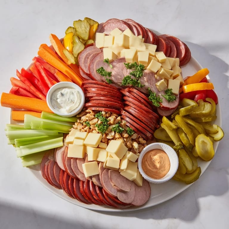 This Tailgate Party Power Stack features layers of delicious meats, cheese cubes, and dippable treats for easy snacking.