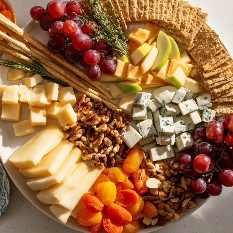 Perfect for guests: a vibrant Housewarming Open House Spread including cheeses, crackers, and delicious garnishes.