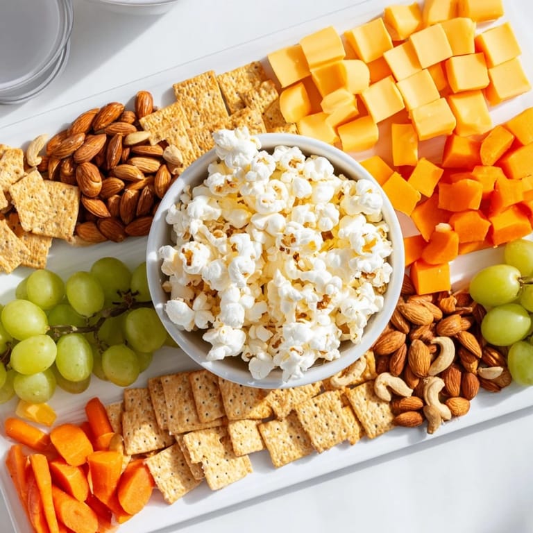 A close-up of a festive Movie Night Munchie Board—a delicious spread for your next movie marathon.