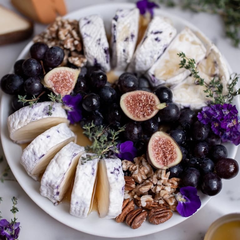 Enjoy the visually stunning Lavender Haze cheese platter, featuring lavender-coated cheese and fresh figs.