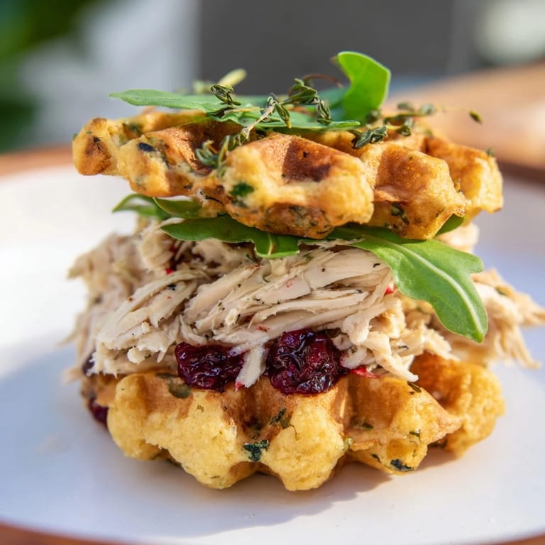 Savory Stuffing Waffle Chicken Sliders, showcasing crispy waffles filled with tender shredded chicken.