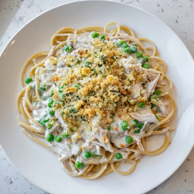 A close-up of a flavorful Turkey Tetrazzini, featuring tender chicken or turkey alongside peas.