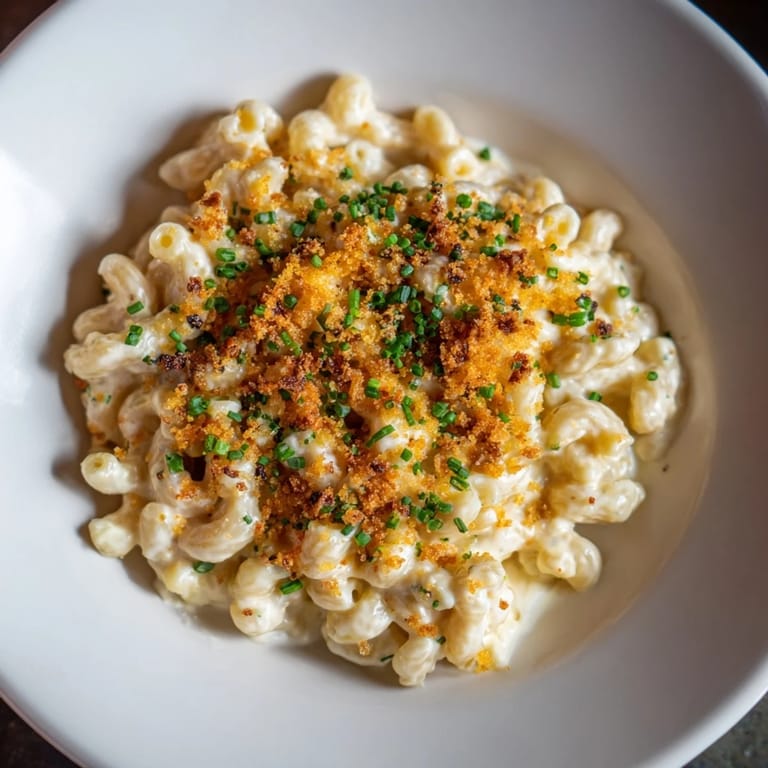 A close-up of a bubbling bowl of Cottage Cheese Mac and Cheese, smelling of cheese and herbs.