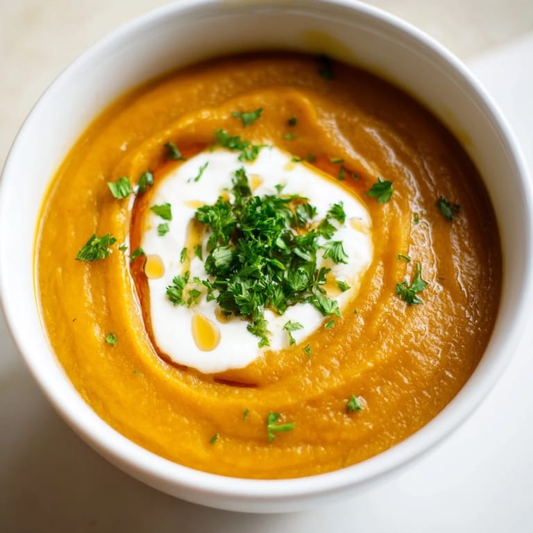 Thick, velvety Sweet Maple Carrot Soup, with a swirl of cream, ready to warm you up.