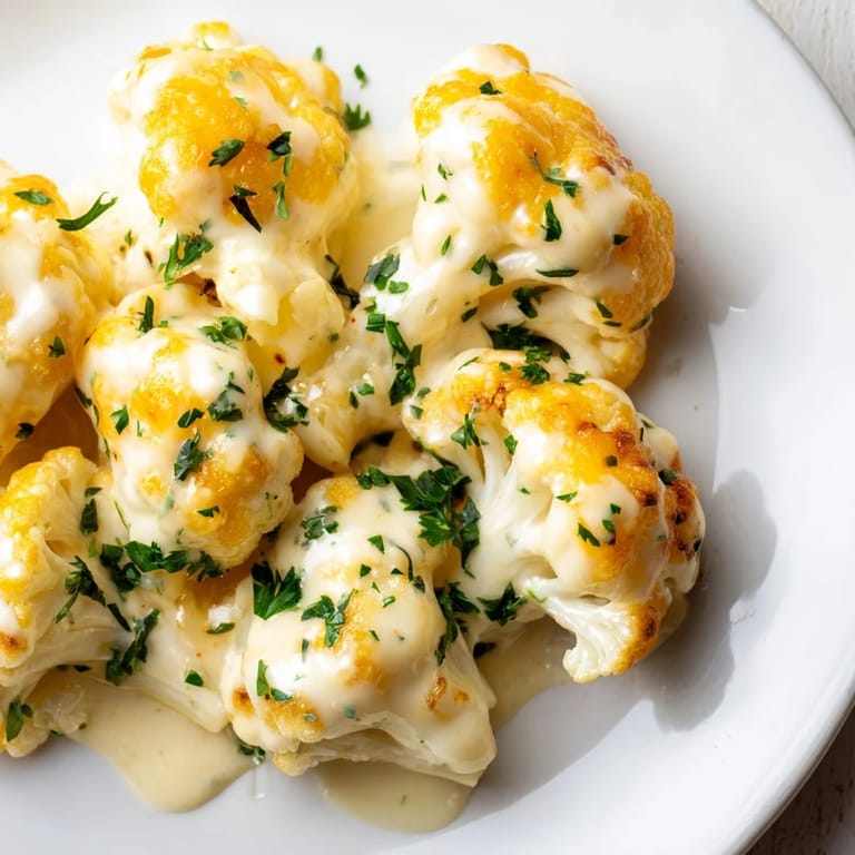Creamy Cheesy Cauliflower Mac with melted cheese covering tender cauliflower florets, a low-carb treat.
