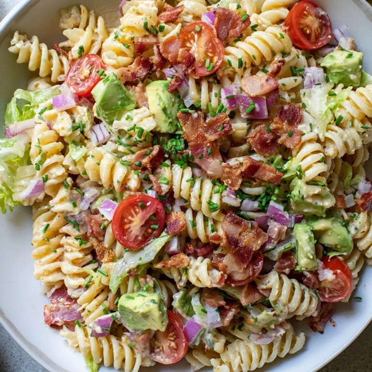 Creamy BLT Pasta Salad with a vibrant mix of ingredients, perfect for a summer picnic.