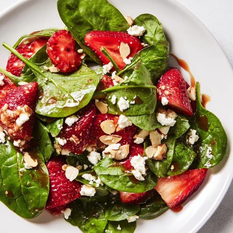 A beautiful bowl of Strawberry Spinach Salad, with bright red strawberries and a creamy dressing.