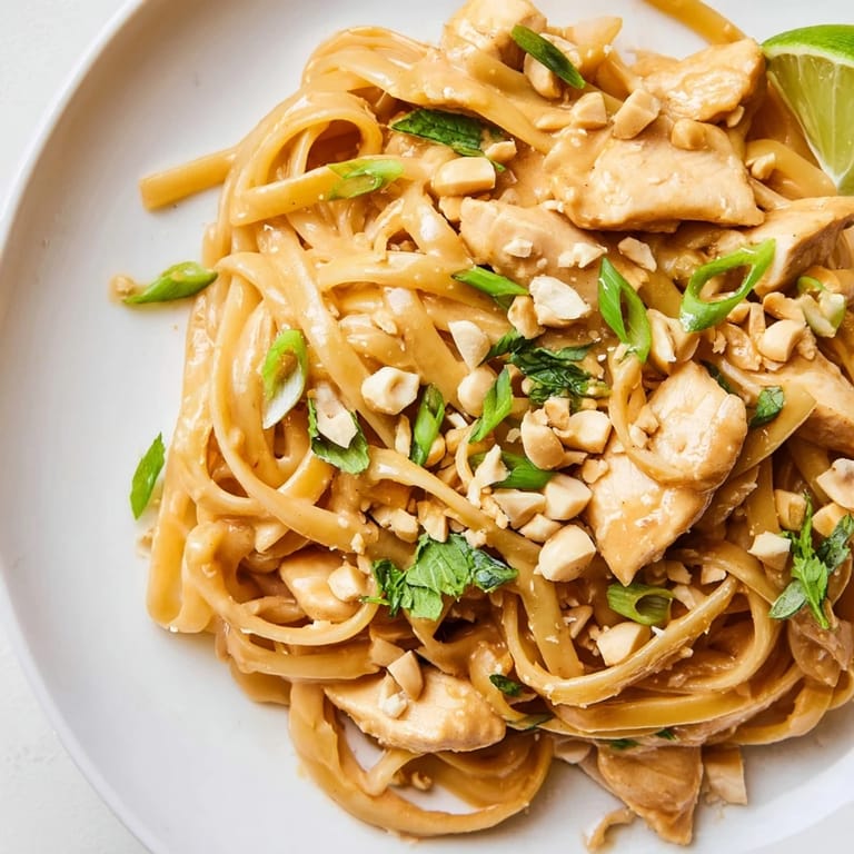Vibrant Thai Peanut Chicken Pasta, garnished with peanuts and green onions, offering a flavorful meal.