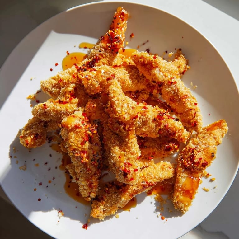 Crunchy air-fried panko chicken tenders glistening with hot honey, ready for dipping and enjoying with friends.