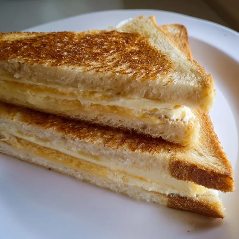 Crispy, golden-brown Mayo Grilled Cheese sandwich, freshly sliced, a classic comfort food.