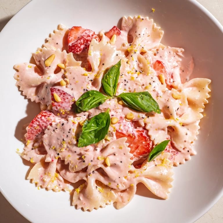 Creamy Strawberry Sour Cream Pasta dish with fresh basil; perfect summer pasta on a white plate.