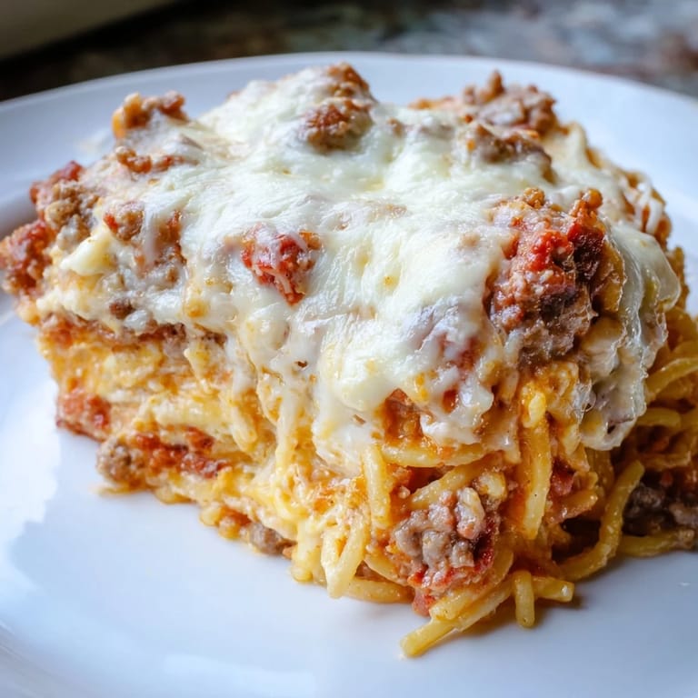 A close-up of a bubbling casserole of Million Dollar Spaghetti, featuring layers of creamy cheese and meat.