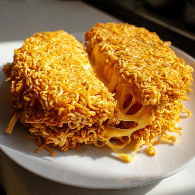 Crispy ramen noodles form the bun of this delicious Ramen Grilled Cheese, a unique, cheesy delight.
