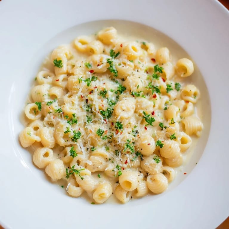 Golden ditalini pasta coats in a garlic-infused creamy sauce, a fantastic vegetarian meal option.