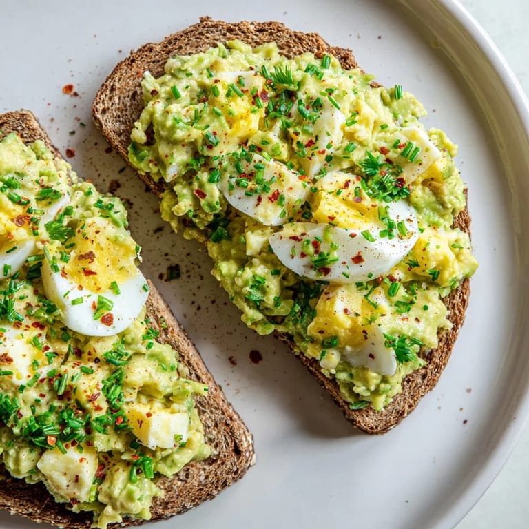 Savory avocado egg smash, with visible herbs and textures, perfect for a light vegetarian lunch.