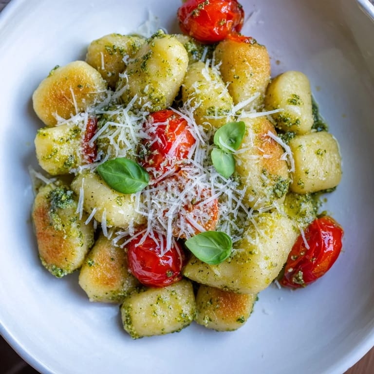 Enjoy a plate of Crispy Gnocchi with Pesto, topped with Parmesan and fresh basil, ready to eat.