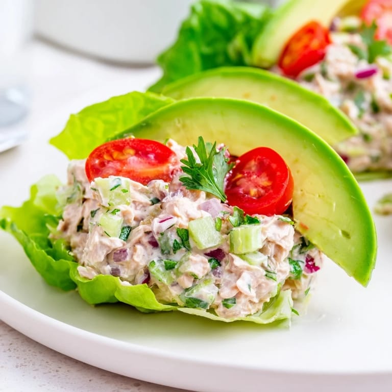 Vibrant photo of tuna salad lettuce wraps, featuring fresh ingredients and hearty, delicious scoops inside.