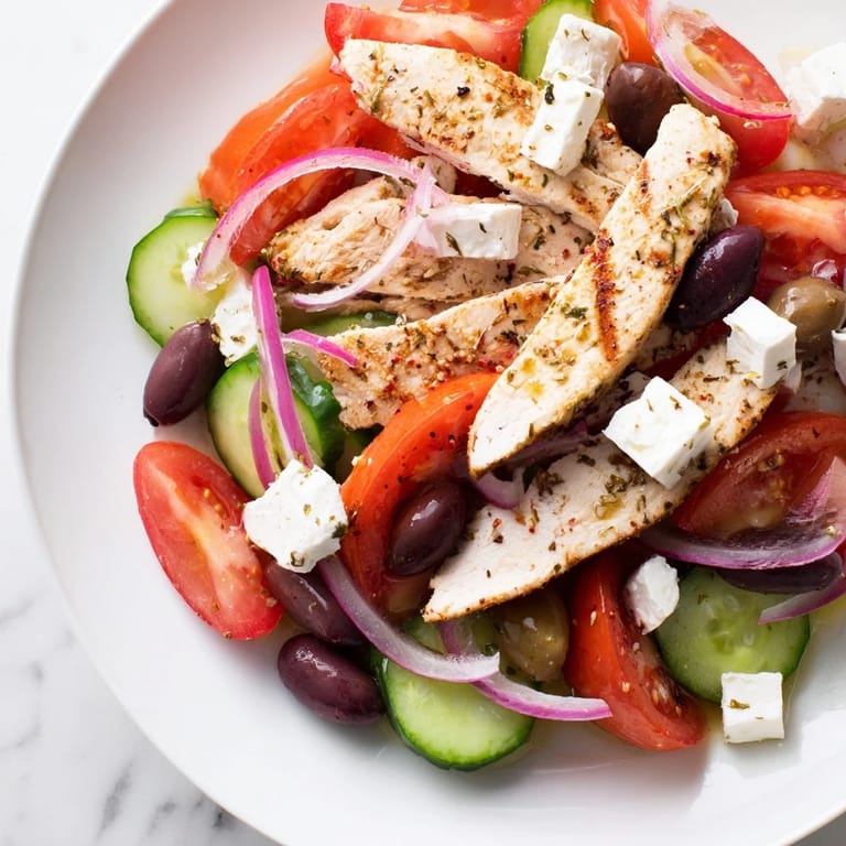 Juicy grilled chicken slices atop a colorful Greek salad, bursting with Mediterranean flavors and a zesty dressing.