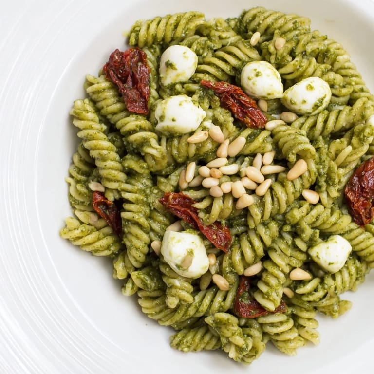 This pesto pasta salad features bright green pesto, perfectly cooked pasta, and colorful vegetables.