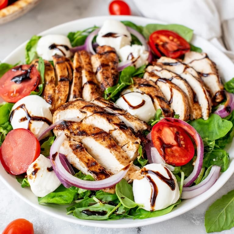 Sliced Caprese Chicken Salad with balsamic glaze, offering a beautiful mix of red, green, and white.