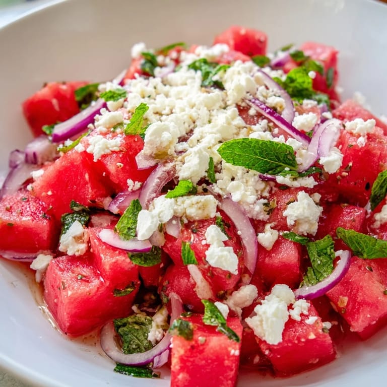 Close-up of a colorful Watermelon Feta Salad, showcasing the sweetness of watermelon and feta.