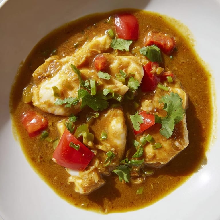 Close-up of a bubbling pot of Bahraini Fish Curry, ready to serve with fresh cilantro garnish.