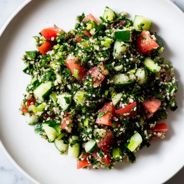 A close-up of colorful Lebanese Tabbouleh salad, showing the fresh herbs and vegetables.
