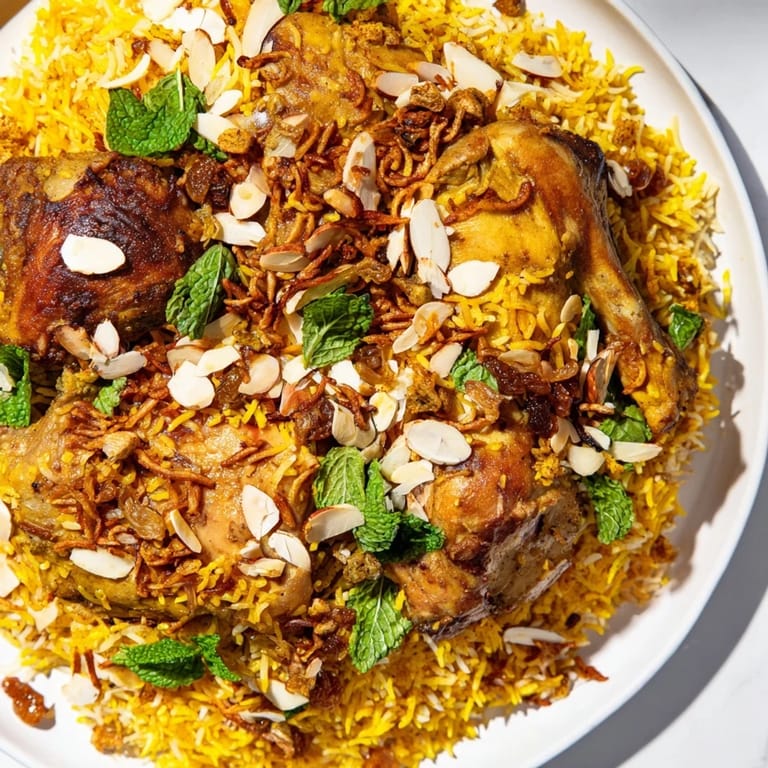 A rich, layered plate of flavorful Kuwaiti Biryani Rice, garnished with crispy fried onions for serving.