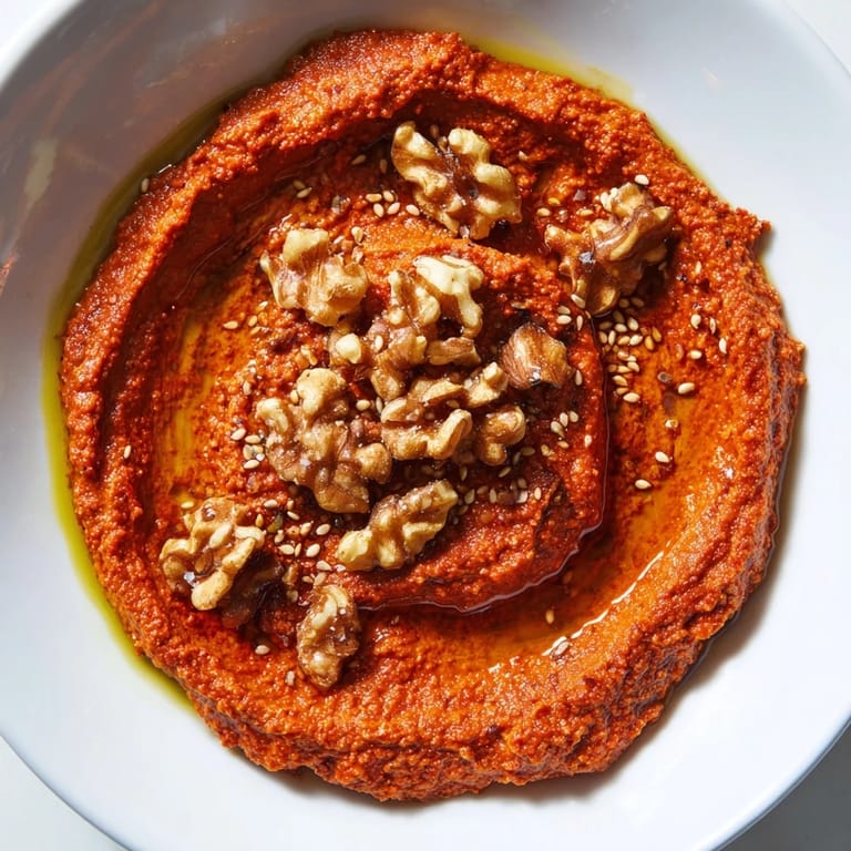 Creamy homemade Syrian Muhammara with toasted walnuts, sweet pomegranate molasses, ready to enjoy.