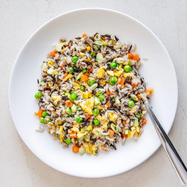 Black garlic fried rice is tossed with scallions and sesame oil, steaming fragrantly in a skillet beside a small bowl of toppings.